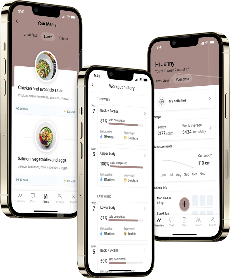 Een mockup van de coaching app die de functies laat zien.